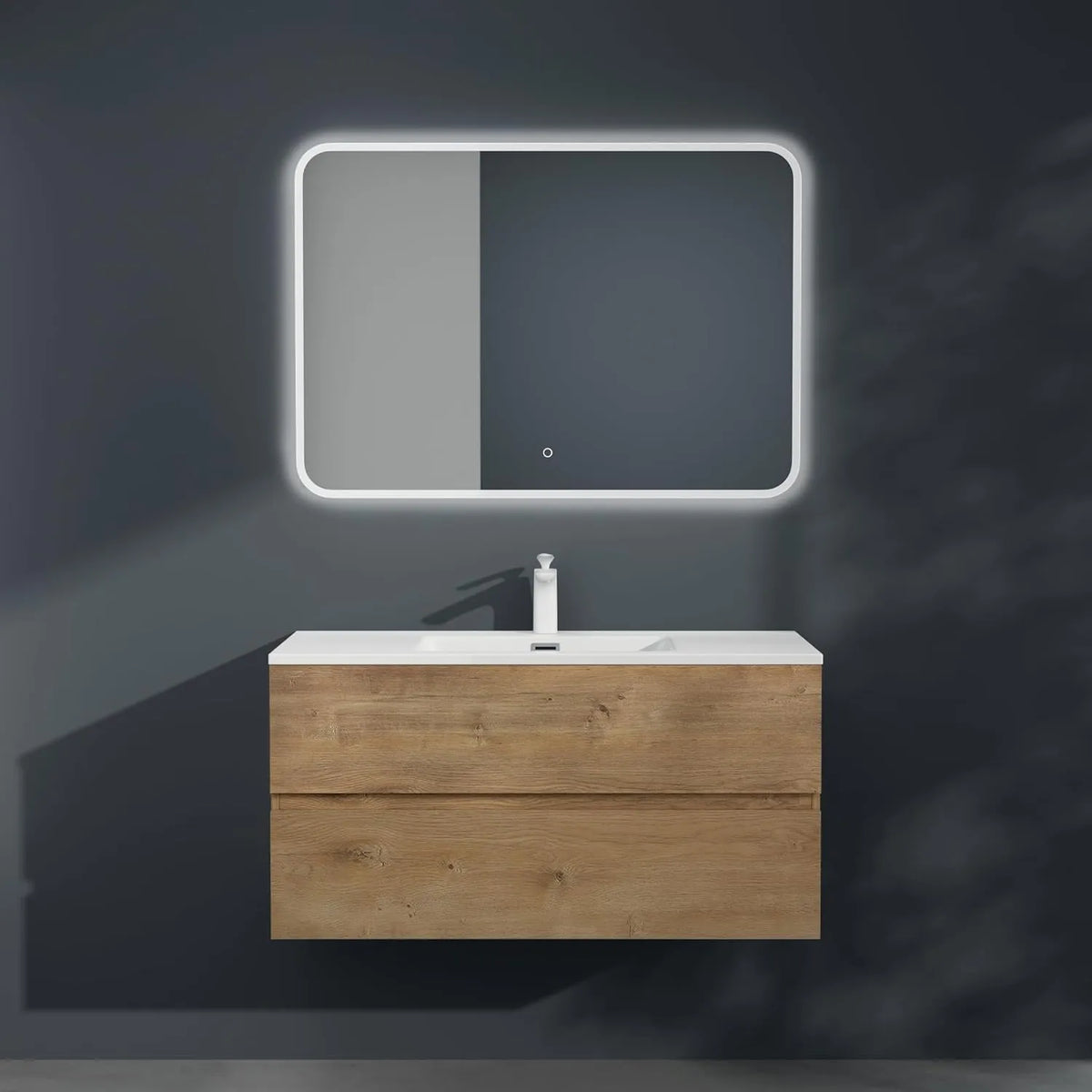 Ensemble de Meubles de Salle de Bain Suspendu 100 cm, Marron Clair, 2 Tiroirs, Design Moderne