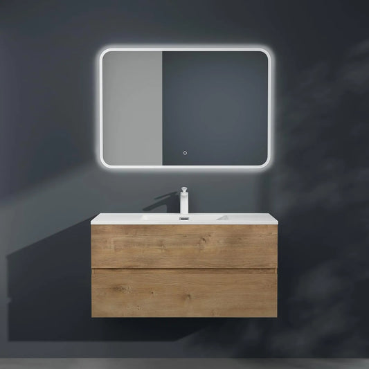 Ensemble de Meubles de Salle de Bain Suspendu 100 cm, Marron Clair, 2 Tiroirs, Design Moderne