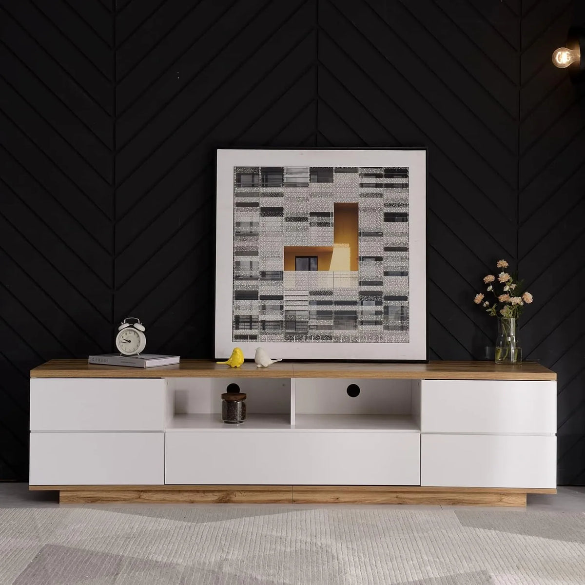 Meuble TV Moderne avec Rangements, 5 Portes et 8 Compartiments, Blanc et Bois, 180x38x46cm