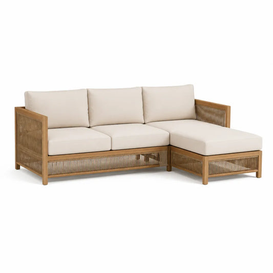 Canapé de jardin d angle 4 places avec méridienne bois d acacia corde polyester beige 220 cm 170 cm 75 cm