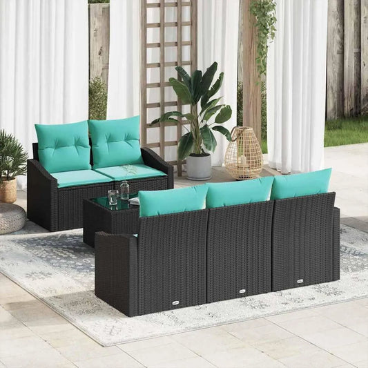Set de Salon de Jardin Modulable 6 Pièces en Polyrotin Noir et Turquoise avec Coussins et Table Ajustable pour Terrasse et Patio