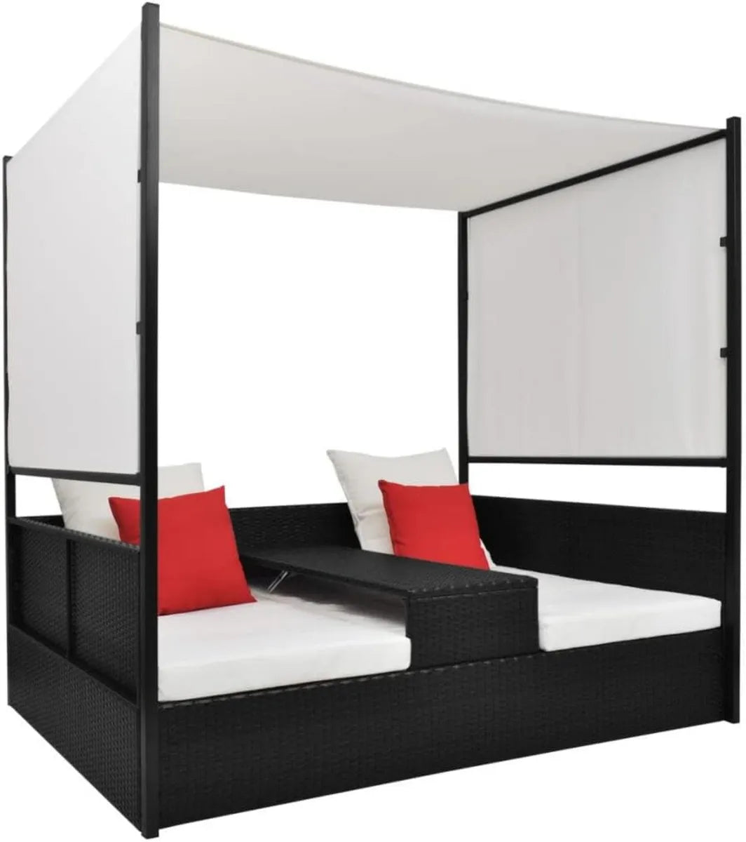 Lit de jardin en rotin avec auvent réglable et coussins, noir, 190 x 130 cm