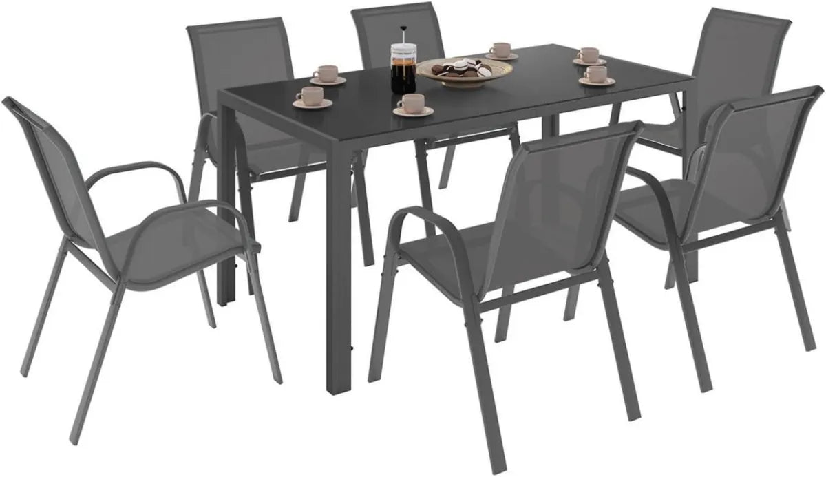 Ensemble de Jardin Madrid avec Table de 150 cm et 6 Chaises Gris Anthracite Empilables