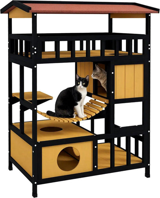 Maison pour chats en bois PawHut avec plateformes et pont - Intérieur/Extérieur, pour 2 chats, jaune