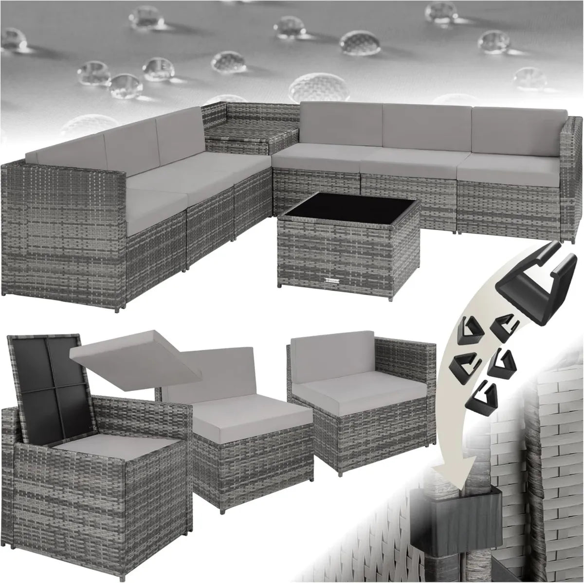 Ensemble de Jardin Modulable en Rotin 6 Places avec Coffre et Table en Verre - Gris