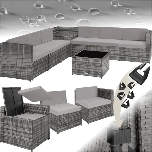 Ensemble de Jardin Modulable en Rotin 6 Places avec Coffre et Table en Verre - Gris