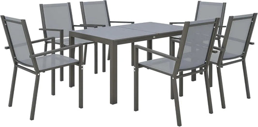 Outsunny Ensemble de Jardin 6 Places, Salon Extérieur en Acier, Chaises Empilables à Dossiers Hauts, Gris