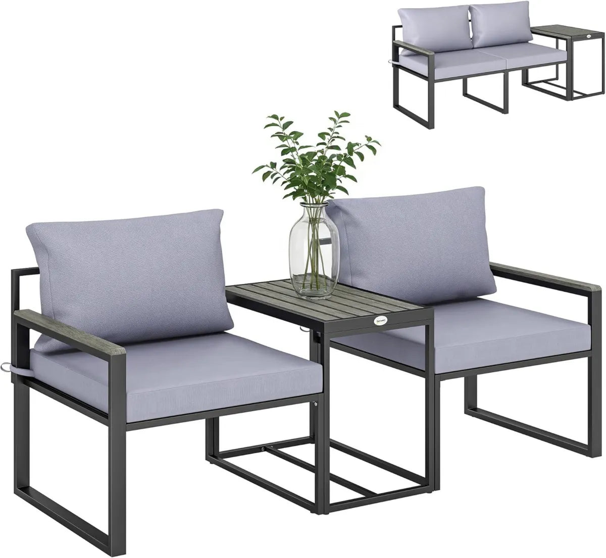 Ensemble de Jardin 3 Pièces avec Coussins - Mobilier Moderne pour Balcon, Bois Composite et Textilène, Gris