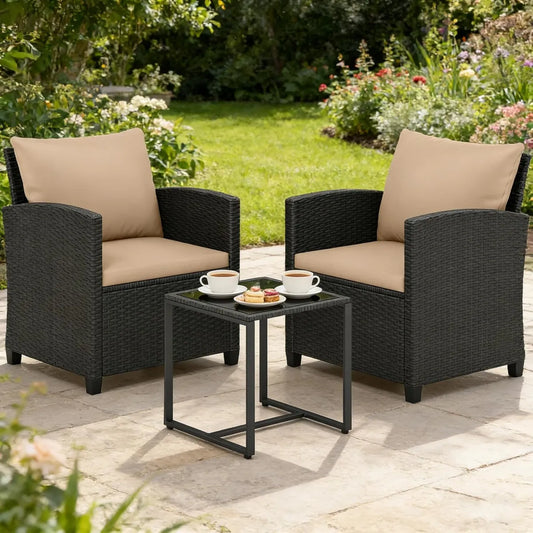 Salon de Jardin 3 Pièces en Résine Tressée, Fauteuils et Table Basse, Ensemble pour Terrasse et Balcon