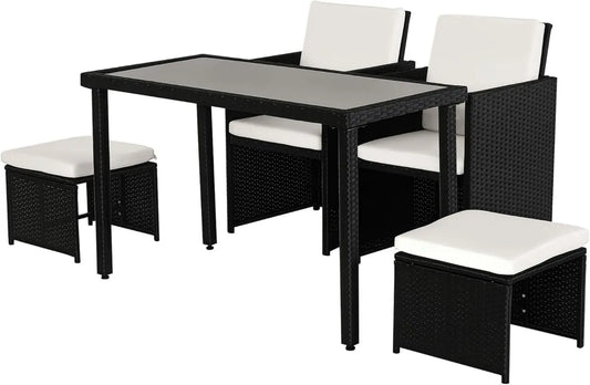 Ensemble Mobilier de Jardin Compact en Résine Tressée avec Coussins – 2 Fauteuils, 2 Tabourets et Table Basse