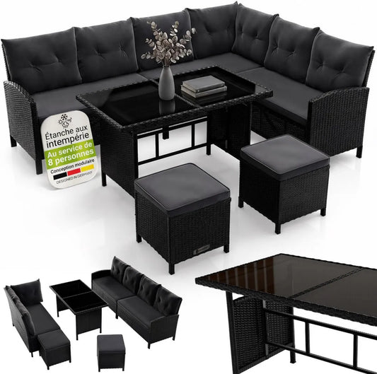 Ensemble de Salon de Jardin en Résine Tressée Noire Manacor - Canapé, Table, 2 Tabourets et Coussins - Pour 7 Personnes - Housses Grises