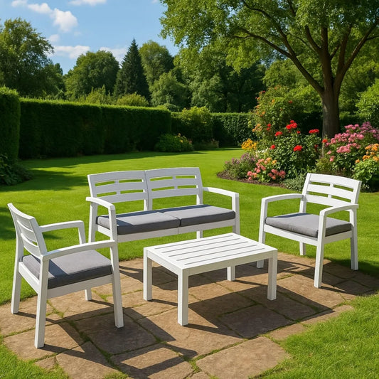 Dmora - Salon de Jardin Massa, Set avec Fauteuils, Canapé et Table Basse, Utilisation Intérieure et Extérieure, Coussins Inclus, Fabriqué en Italie, Couleur Blanche