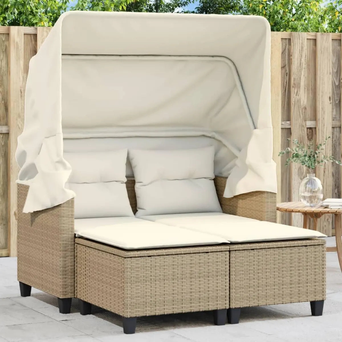 Sofa de Jardin 2 Places en Résine Tressée Beige avec Auvent Rétractable, 2 Tabourets et Coussins Amovibles, Mobilier Extérieur pour Terrasse et Patio