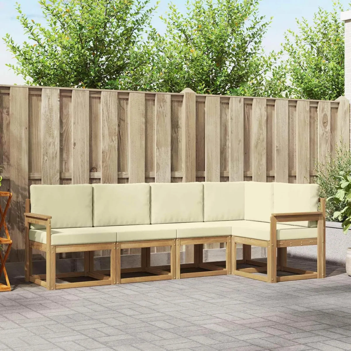 Set de Salon de Jardin 5 Pièces en Bois d'Acacia avec Coussins Crème, Résistant aux Intempéries