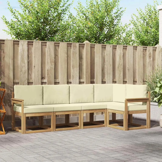 Set de Salon de Jardin 5 Pièces en Bois d'Acacia avec Coussins Crème, Résistant aux Intempéries