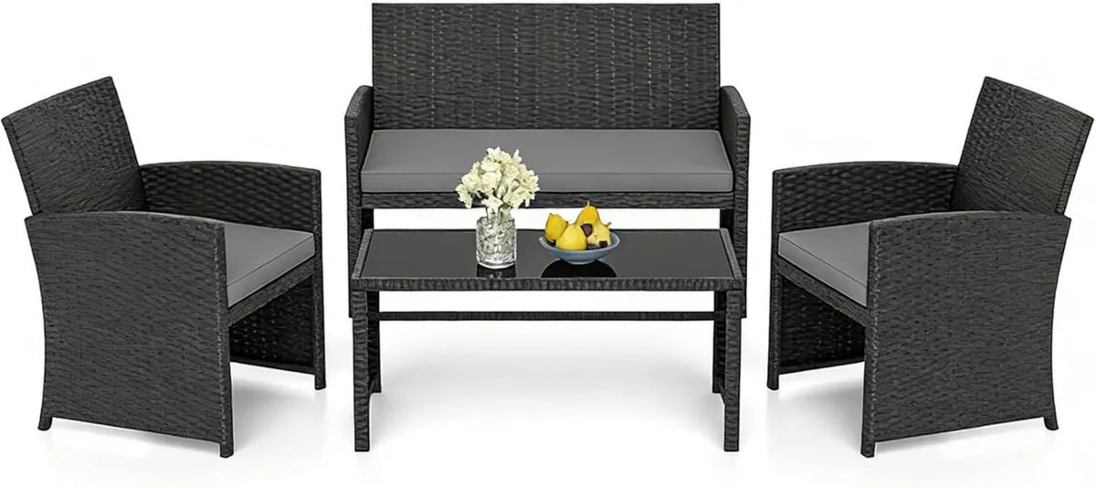 Ensemble Mobilier de Jardin en Rotin PE 4 Pièces, Canapé, Fauteuils et Table Basse pour Terrasse, Noir/Gris