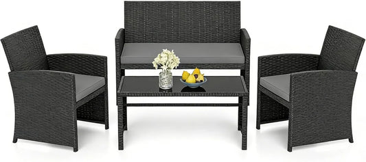 Ensemble Mobilier de Jardin en Rotin PE 4 Pièces, Canapé, Fauteuils et Table Basse pour Terrasse, Noir/Gris