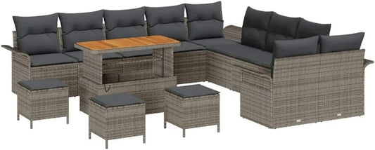 Ensemble de Salon de Jardin 14 pièces en Polyrotin Gris avec Coussin, Mobilier Moderne Résistant aux Intempéries