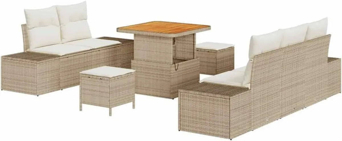 Ensemble Salon de Jardin 8 Pièces en Rotin Beige Résistant aux Intempéries
