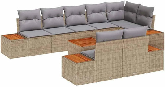 Ensemble Salon de Jardin en Rotin Synthétique Beige, 9 Pièces, Résistant aux UV