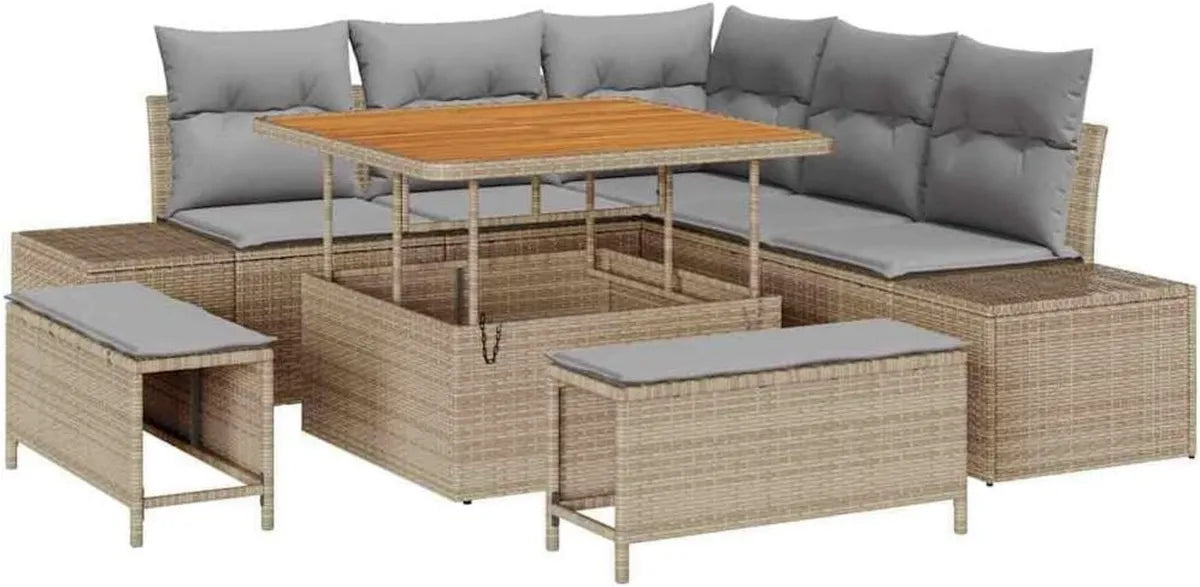 Ensemble Salon de Jardin 8 Pièces en Rotin Beige Résistant aux UV