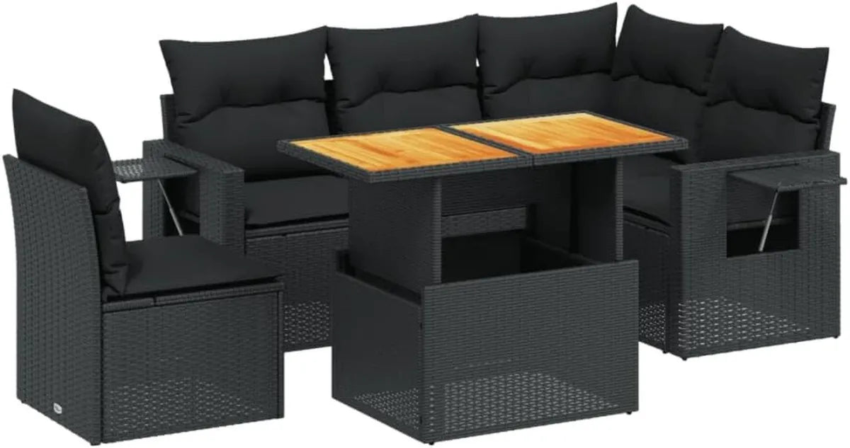 Ensemble de Jardin Noir en Résine, 6 Pièces avec Coussins, Canapés de Terrasse Confortables