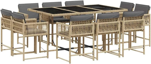 Ensemble Salle à Manger Extérieur 17 pcs avec Coussins, Table & Chaises Pliantes en Résine Tressée Beige