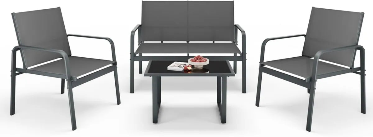 Ensemble de Salon de Jardin pour 4 Personnes en Métal et Textilène, avec Table Basse