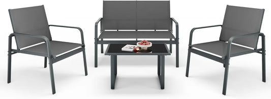 Ensemble de Salon de Jardin pour 4 Personnes en Métal et Textilène, avec Table Basse