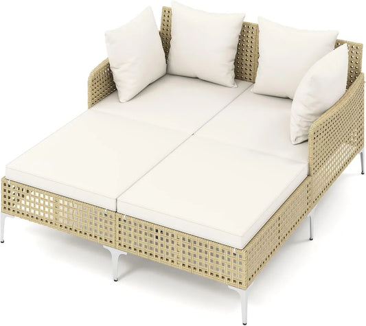 Lit de Soleil Double en Rotin avec Coussins, Chaise Longue Extérieure 360 kg pour Jardin