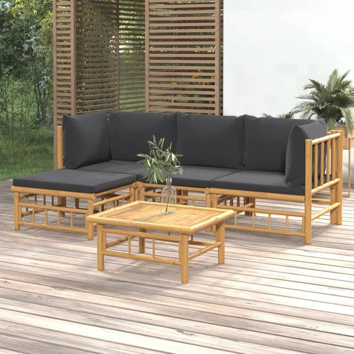 Set de Jardin en Bambou 5 Pièces avec Coussins Gris, Canapé et Chaises Longues