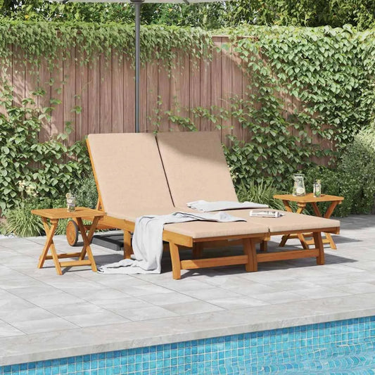 Transat en acacia massif avec coussin beige, dossier ajustable, pour jardin ou terrasse