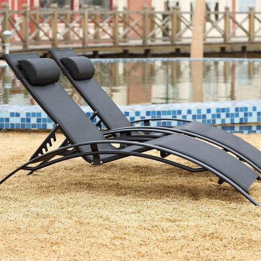 Ensemble de 2 Chaises Longues Ajustables et Empilables pour Extérieur - Noir