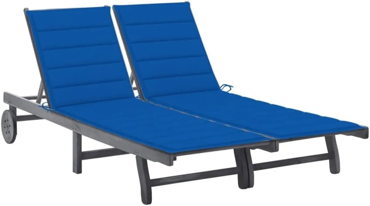 Transat double en bois d'acacia avec coussins gris, réglable pour terrasse, jardin et piscine
