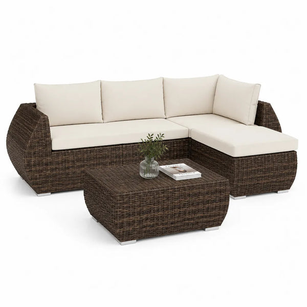 Salon de jardin d’angle 4 places avec table basse 200 cm x 140 cm x 70 cm résine tressée marron coussins polyester beige structure aluminium