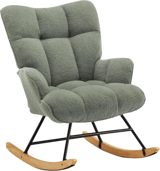 Chaise à Bascule en Tissu Bouclette Vert, Pieds en Bois d'Hévéa - Confort pour Salon, Chambre et Bureau