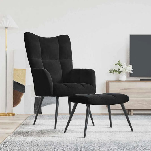 Fauteuil de relaxation en velours noir avec tabouret et cadre en acier, dimensions 61 x 70 x 96,5 cm, rembourrage mousse confortable, idéal pour jardin et salon