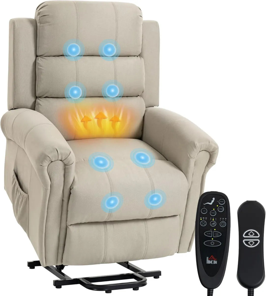 Fauteuil Relax Électrique avec Massage et Chauffage, Inclinable avec Ports USB et Poches, Tissu en Lin Beige