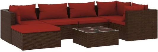 Ensemble de Salon de Jardin 7 Pièces en Résine Tressée avec Coussins - Marron