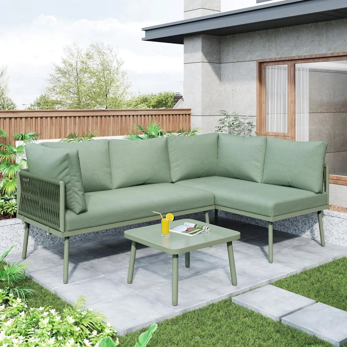 Zepneiy Salon de Jardin 4 Places en L avec Coussins, Mobilier de Jardin en Fer et Corde pour Extérieur, Vert