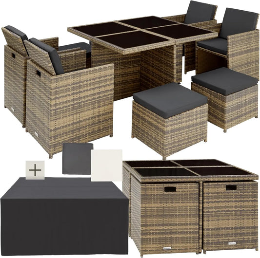 Ensemble de Jardin 8 Places en Poly Rotin - Aluminium - Marron Naturel