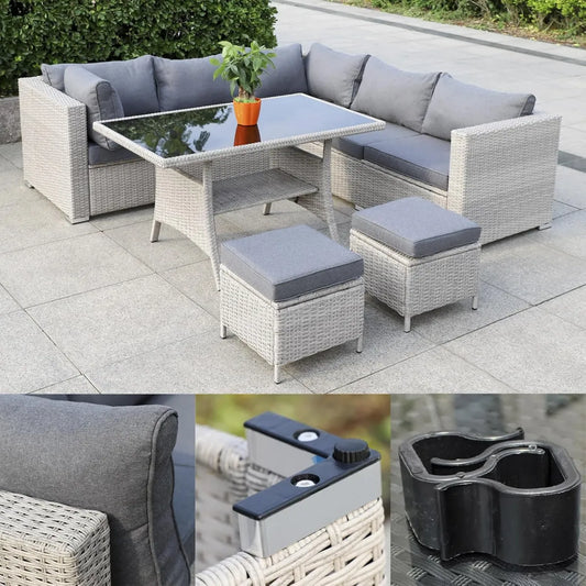 Ensemble de salon de jardin en rotin synthétique - Canapé modulable 5 places avec repose-pieds et table en verre (beige/gris foncé)