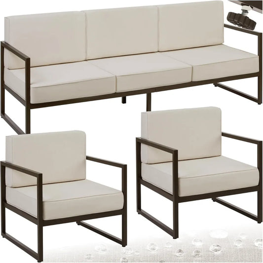 Salon de Jardin 3 Places avec Fauteuils et Coussins Épais, Cadre en Acier