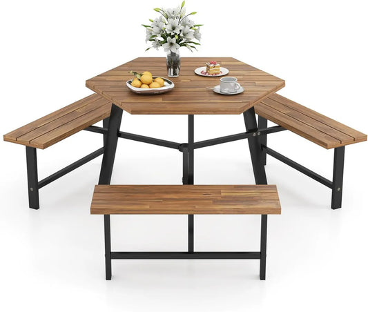 GOPLUS Ensemble de Jardin Acacia pour 2 Personnes avec Pieds Réglables, Table et Banc en Métal pour Terrasse, Capacité 80+360KG