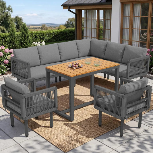 Set de Salon de Jardin 5 Pièces avec Canapé d'Angle en Rotin et Pieds Réglables