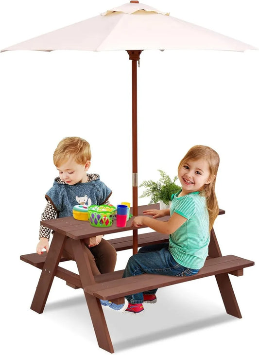 Set de Mobilier de Jardin pour Enfants avec Parasol Amovible, Table de Pique-Nique en Bois de Sapin