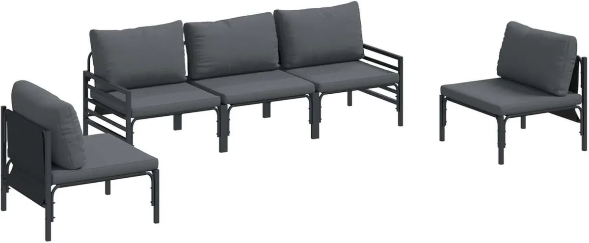 Ensemble de Canapés de Jardin Moderne 5 Pièces en Acier Noir avec Coussins, Résistant aux Intempéries