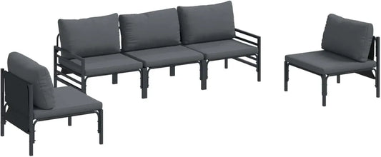Ensemble de Canapés de Jardin Moderne 5 Pièces en Acier Noir avec Coussins, Résistant aux Intempéries
