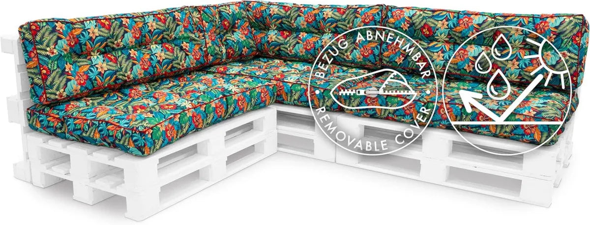 Ensemble de Coussins de Palette 120x80 cm, Housse Amovible et Imperméable, Résistant aux UV pour Canapé en Extérieur/Intérieur, Motif Jungle