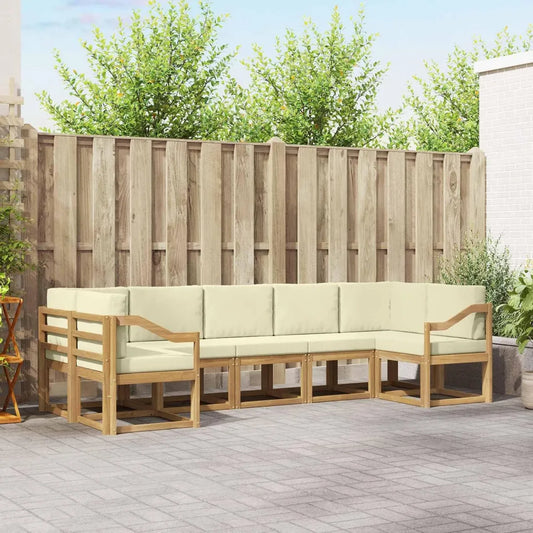 Salon de jardin 7 pièces en bois d'acacia avec coussins crème, résistant aux intempéries